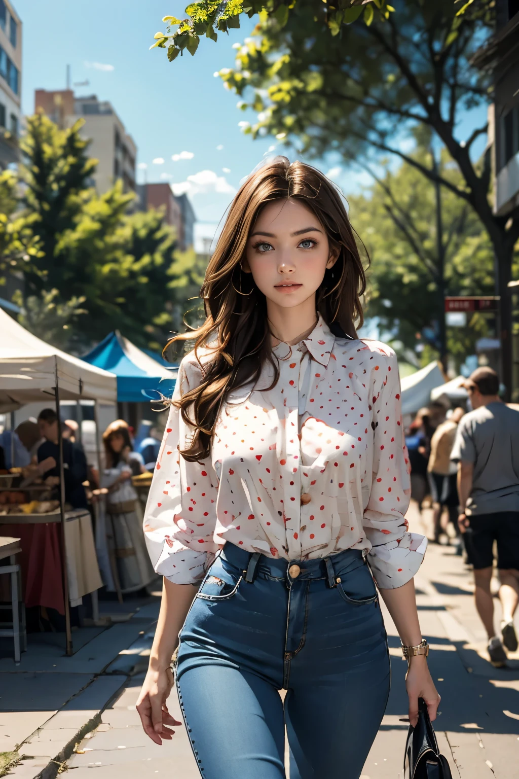 Hires, ultra detailed, masterpiece, best quality, trending on artstation, 1girl, pretty, very beautiful, soft, delicate, (long red hair), busty, detailed skin, (wearing frilly polka dot shirt:1.1), wearing jeans, tight clothing, (pushed up breasts:1.3), (at a street festival:1.1), marquees, food wagons, trees, grass, people, festival ambience, bustling, Chicago, sunny, nice clouds, sky,