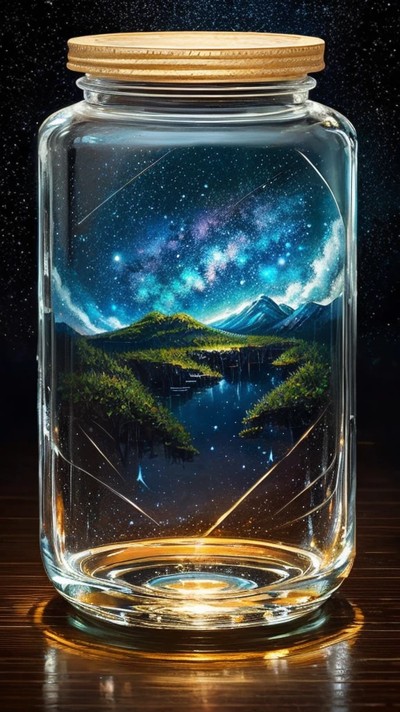 masterpiece、top-quality、(Very delicate and beautiful starry sky landscape trapped in a jar)、world masterpiece theater、high-resolutionisometric、top-quality、illustratio、Impasto、canvas、an oil painting、realism、realisitic