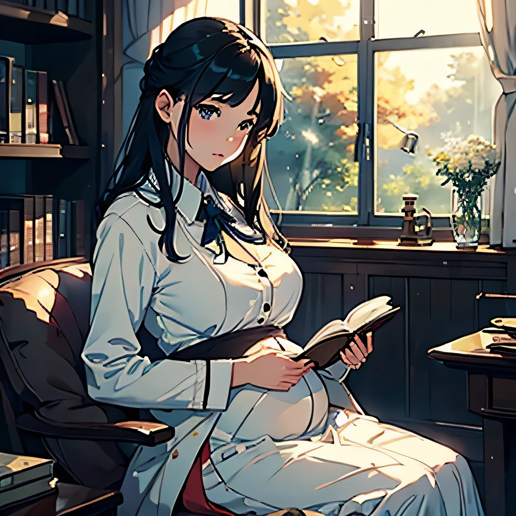 (highest quality、masterpiece、High resolution)、(Sargent style watercolor)、(anime art)、(david hamilton style)、(soft focuovie angle、cinematic light、soft light、((1 girl))、18-year-old、wonderful、charming beauty、(Detailed depiction of a beautiful face)、short black hair、hair up、A sharp face、(Detailed facial depiction), large breasts、pregnant, big belly bump, sophisticated look、((wearing a white coat))、(classic uniform)、(long skirt)、library、bookshelf、(have a book)、(Anatomically accurate depiction of the hand and fingers)、(The exact shape of the book)、beautiful environment、Calm atmosphere、calm expression、a quiet moment、Immerse yourself in reading、a thoughtful look、elegance、 Majestic bookshelf、lush environment、Window、Foliage plant、