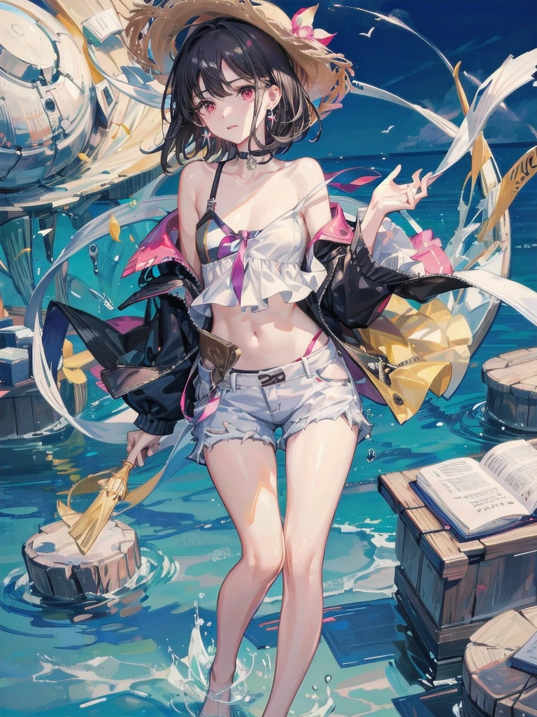 absurdres, RAW photo, extremely delicate and beautiful, masterpiece, Best Quality, ultra high resolution, 32k, hyperrealistic, ultra-detailed, perfect figure, Perfect balance, in her 20s, very small head, very small face, delicate facial features, tearful mole, earring, very huge breasts, bare legs, full body shot, medium hair, black hair, colored inner hair, casual, blouse, white shirt, buttoned shirt, bare shoulders, collarbone, midriff, navel, shorts, straw hat,