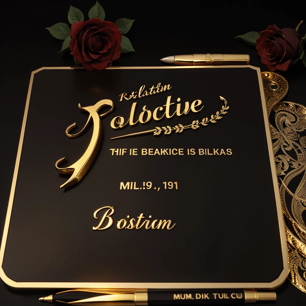 3d On top of a black diary Md Islam uddin name is written in golden color bold letters,there is a red rose on the pass and some sign pens around it,black background,realistic