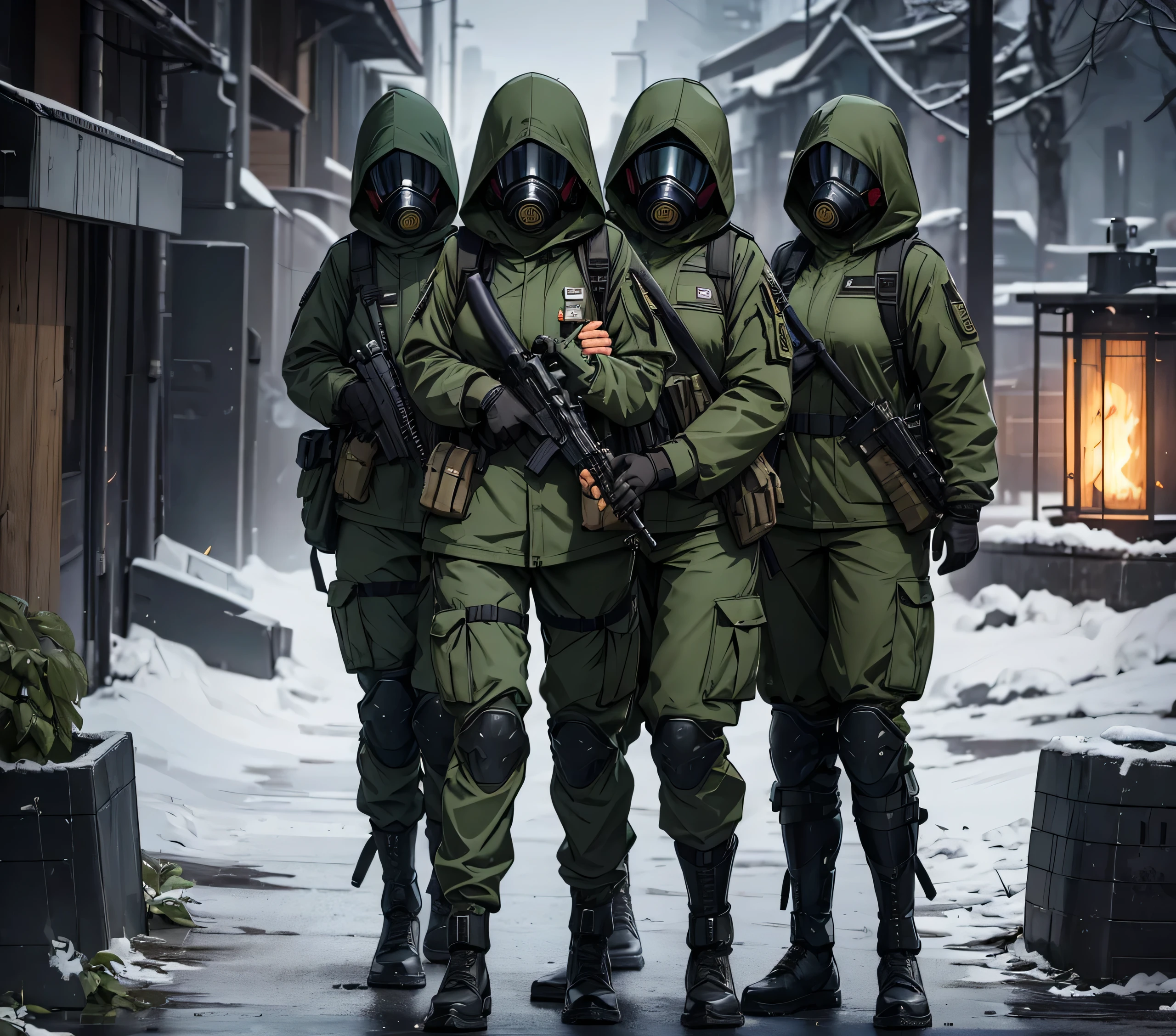 Four female soldiers on night patrol、Wearing dark green M-51 hooded military uniform、Hooded on head、Gas Mask、Magazine Pouch、Gloves、Military Pants、Knee pads、Only the upper part of the leg is shown，Write details、masterpiece、best quality、Highly detailed CG、8K picture quality