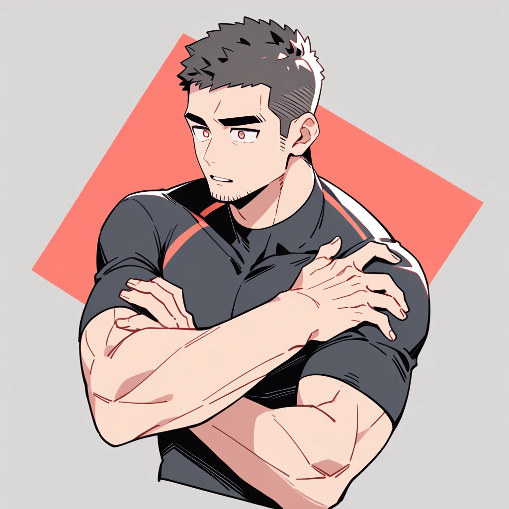 anime characters:Priapus, Muscle Sports Student, Buzz Cut, Manliness, male focus, Dark black high collar long sleeve tight T-shirt, Very tight, Round, full and perky chest muscles, muscular male, muscular, only, Upper body, alone, Black short hair, Thick eyebrows, stubble, Brown-red pupils, Grey background, simple background, amazing quality, best aesthetics, Ridiculous, crew cut, parted lips, flustered, endured face, best quality