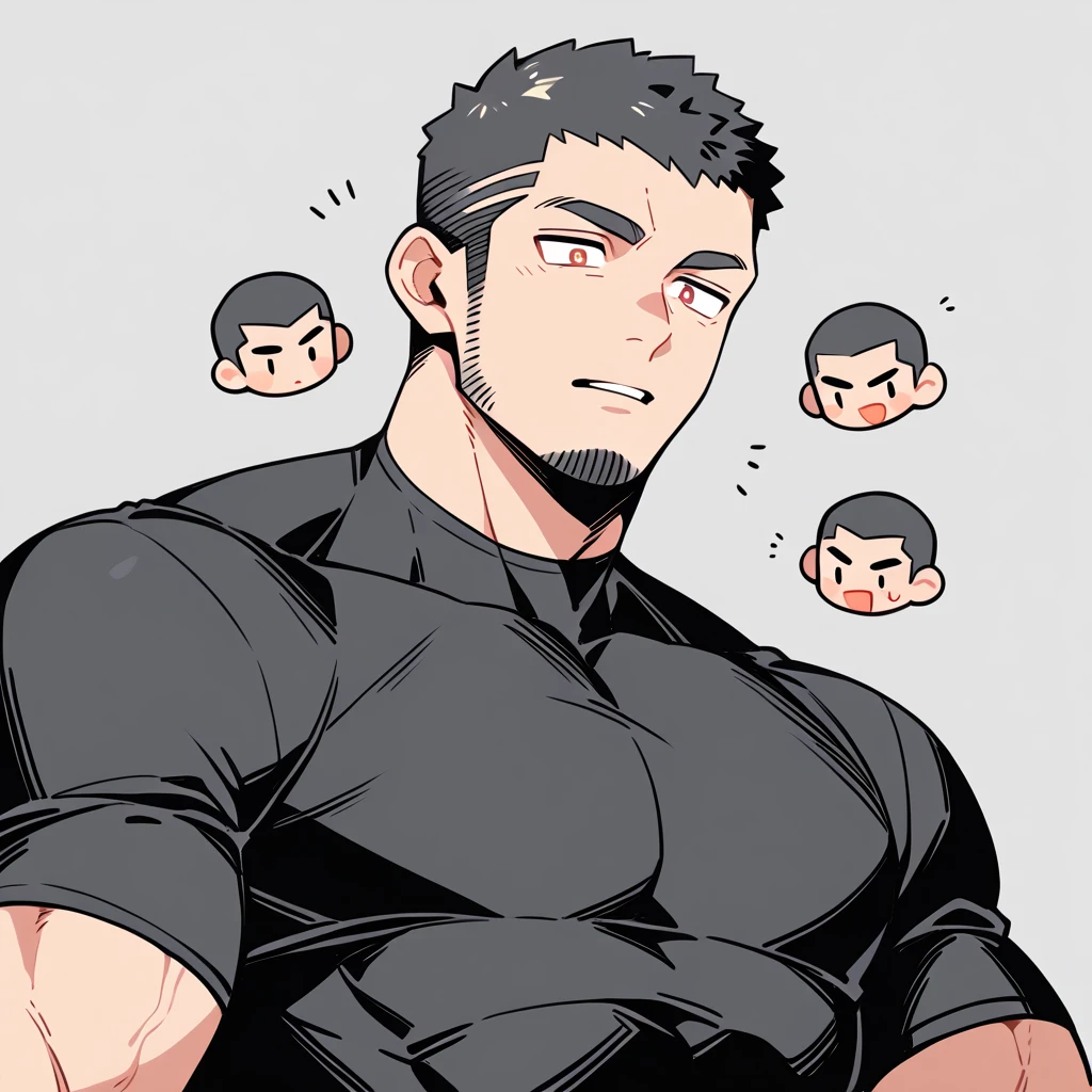 anime characters:Priapus, Muscle Sports Student, Buzz Cut, Manliness, male focus, Dark black high collar long sleeve tight T-shirt, Very tight, Round, full and perky chest muscles, muscular male, muscular, only, Upper body, alone, Black short hair, Thick eyebrows, stubble, Brown-red pupils, Grey background, simple background, amazing quality, best aesthetics, Ridiculous, crew cut, parted lips, flustered, endured face, best quality