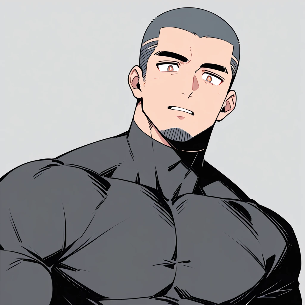 anime characters：Priapus, Muscle Sports Student, Buzz Cut, Manliness, male focus, Dark black high collar long sleeve tight T-shirt, Very tight, Round, full and perky chest muscles, muscular male, muscular, only, Upper body, alone, Black short hair, Thick eyebrows, stubble, Brown-red pupils, Grey background, simple background, amazing quality, best aesthetics, Ridiculous, crew cut, parted lips, flustered, endured face, best quality