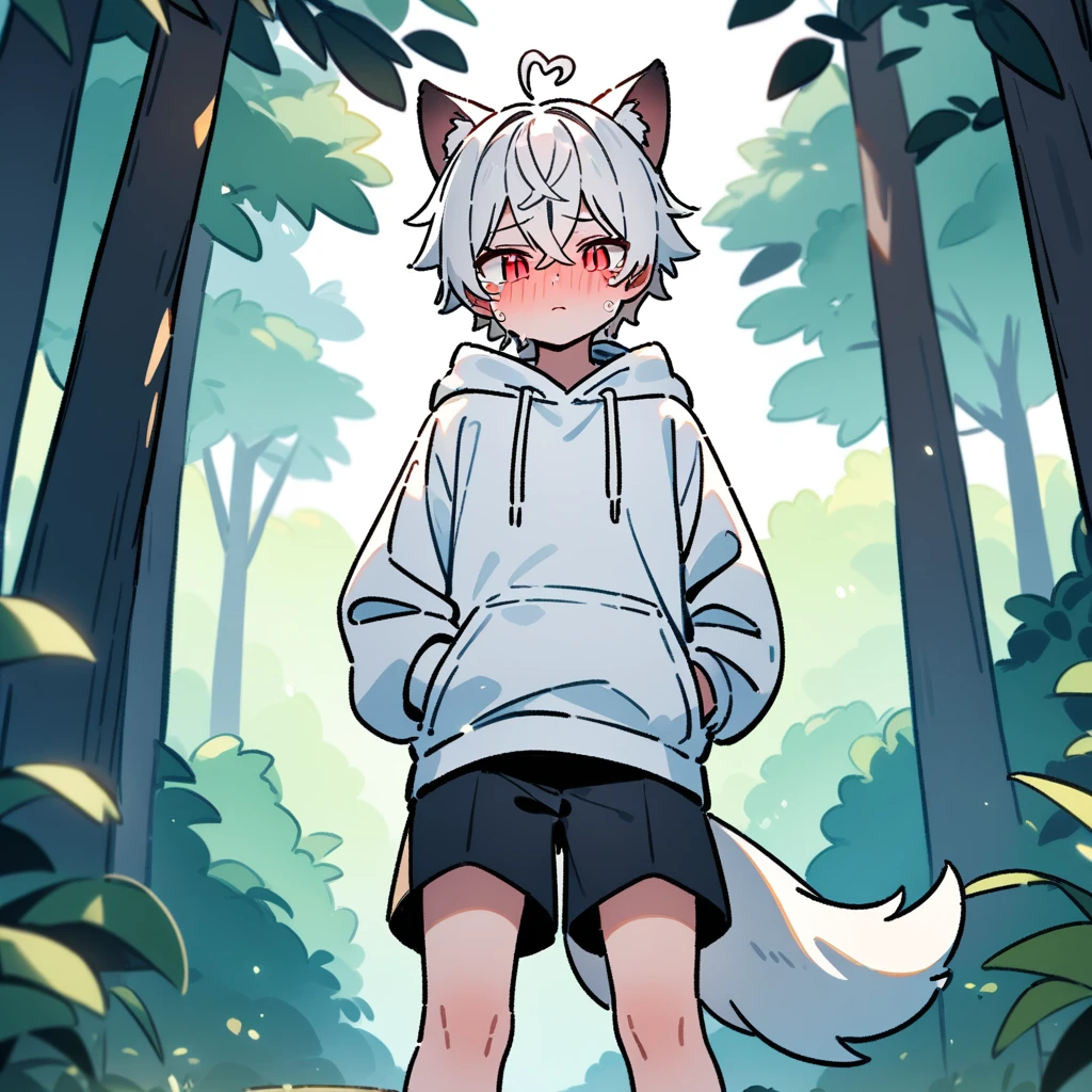 （masterpiece：1.2，high quality），8K，High resolution，A -year-boy，c boy，white hair，short hair，crossed bangs，red eyes，slit pupils，heart ahoge，cat ears，full-face blush，expressionless eyes，tears，Wearing a white hoodie，Black shorts，Stand in the forest，There are flowering trees on both sides.，primary scho，dog tail，（Put your hands in your pockets），（（Put your hands in your pockets））