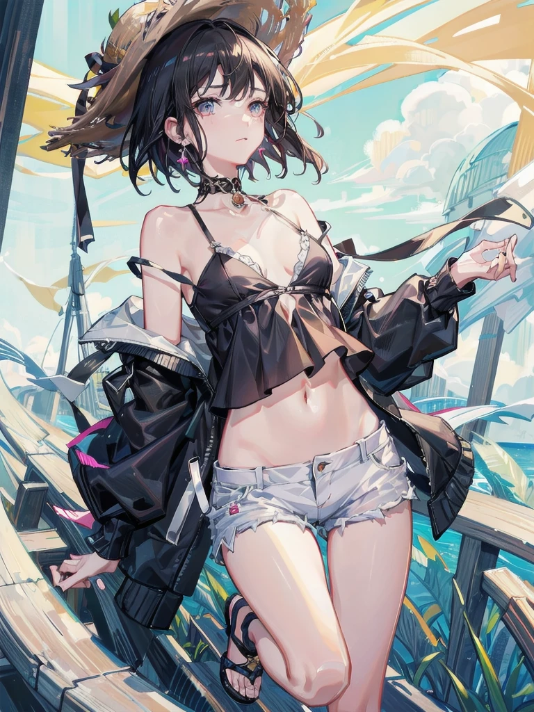 absurdres, RAW photo, extremely delicate and beautiful, masterpiece, Best Quality, ultra high resolution, 32k, hyperrealistic, ultra-detailed, perfect figure, Perfect Style, in her 20s, very small head, very small face, delicate facial features, tearful mole, earring, very huge breasts, bare legs, full body shot, medium hair, black hair, colored inner hair, casual, blouse, white shirt, buttoned shirt, bare shoulders, collarbone, midriff, navel, shorts, straw hat,
