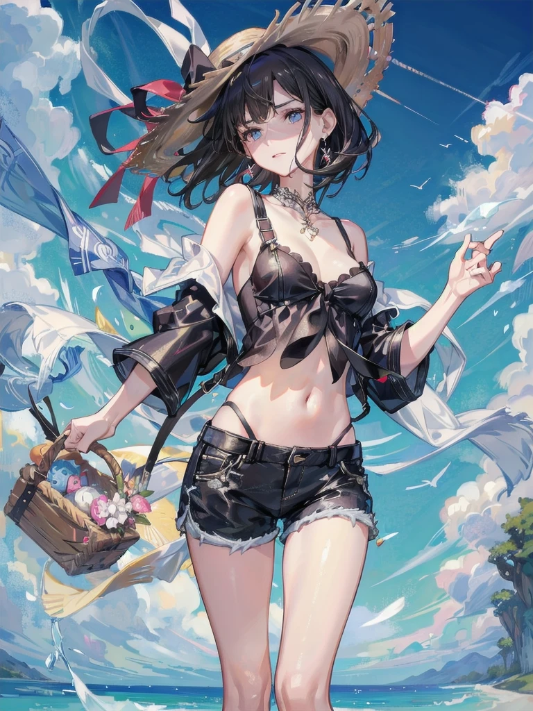 absurdres, RAW photo, extremely delicate and beautiful, masterpiece, Best Quality, ultra high resolution, 32k, hyperrealistic, ultra-detailed, perfect figure, Perfect Style, in her 20s, very small head, very small face, delicate facial features, tearful mole, earring, very huge breasts, bare legs, full body shot, medium hair, black hair, colored inner hair, casual, blouse, white shirt, buttoned shirt, bare shoulders, collarbone, midriff, navel, shorts, straw hat,
