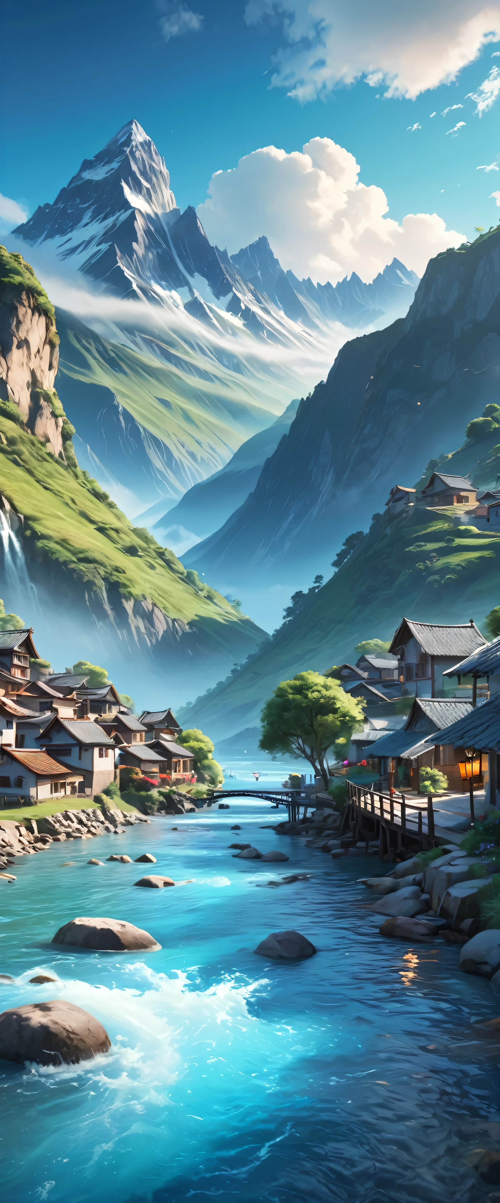 (Magical pretty sky blue stream overlay scene)、(zero)、(cloud)、Soft lighting、Clean background、美しいzeroの風景、masterpiece、high quality、Beautiful graphics、Rugged Mountain々A small fishing village can be seen at a low angle below.、artstation、Sharp Focus、Inspirational 8k wallpapers、Contrast of sea and mountains。A magnificent and mysterious view from above