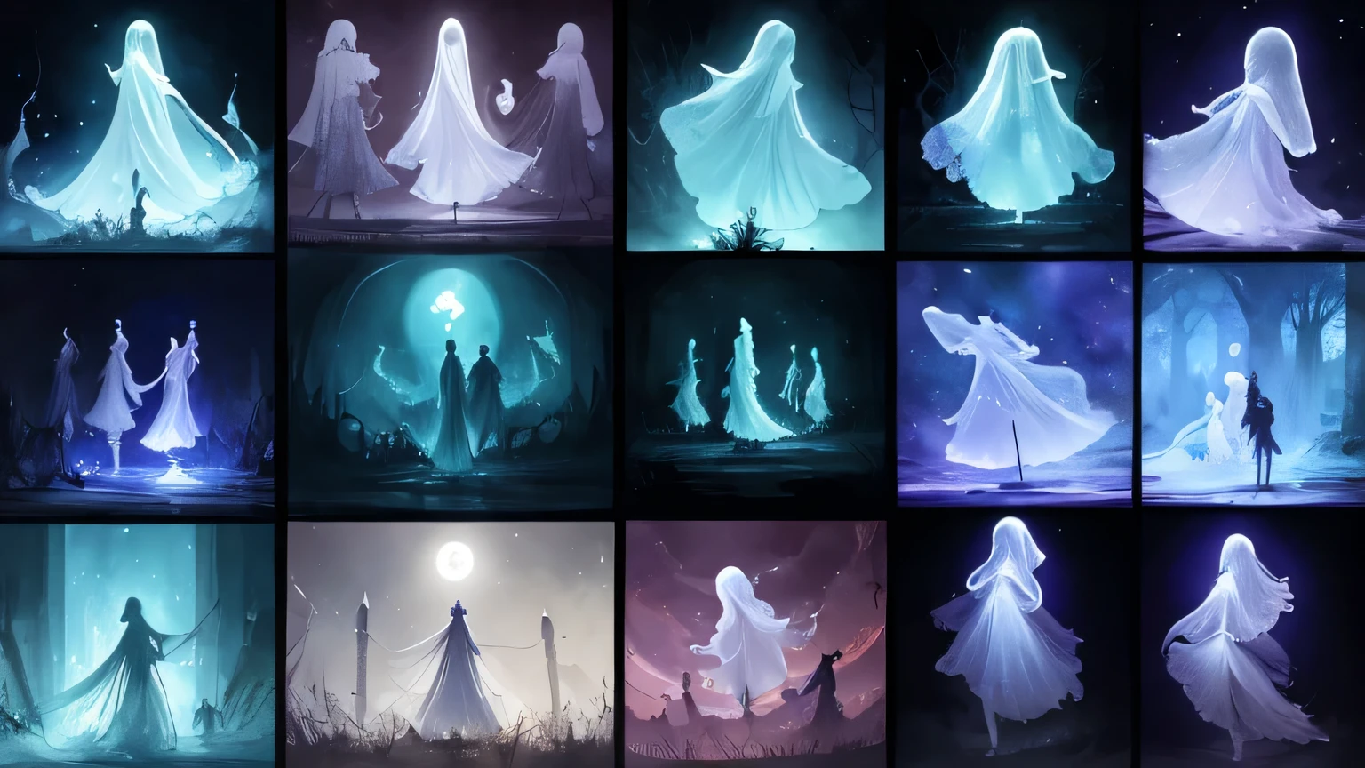 Split screen of various dream scenarios, ghostly figures in different poses and expressions, thought bubbles with symbols, dream interpretation symbols, soft watercolor style"