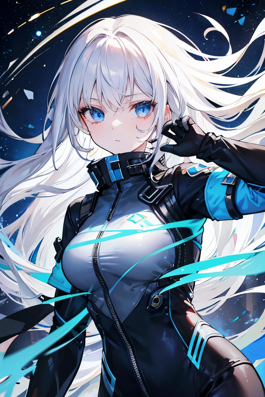 Woman with ,golden white hair,Blue eyes,,,black spacesuit
