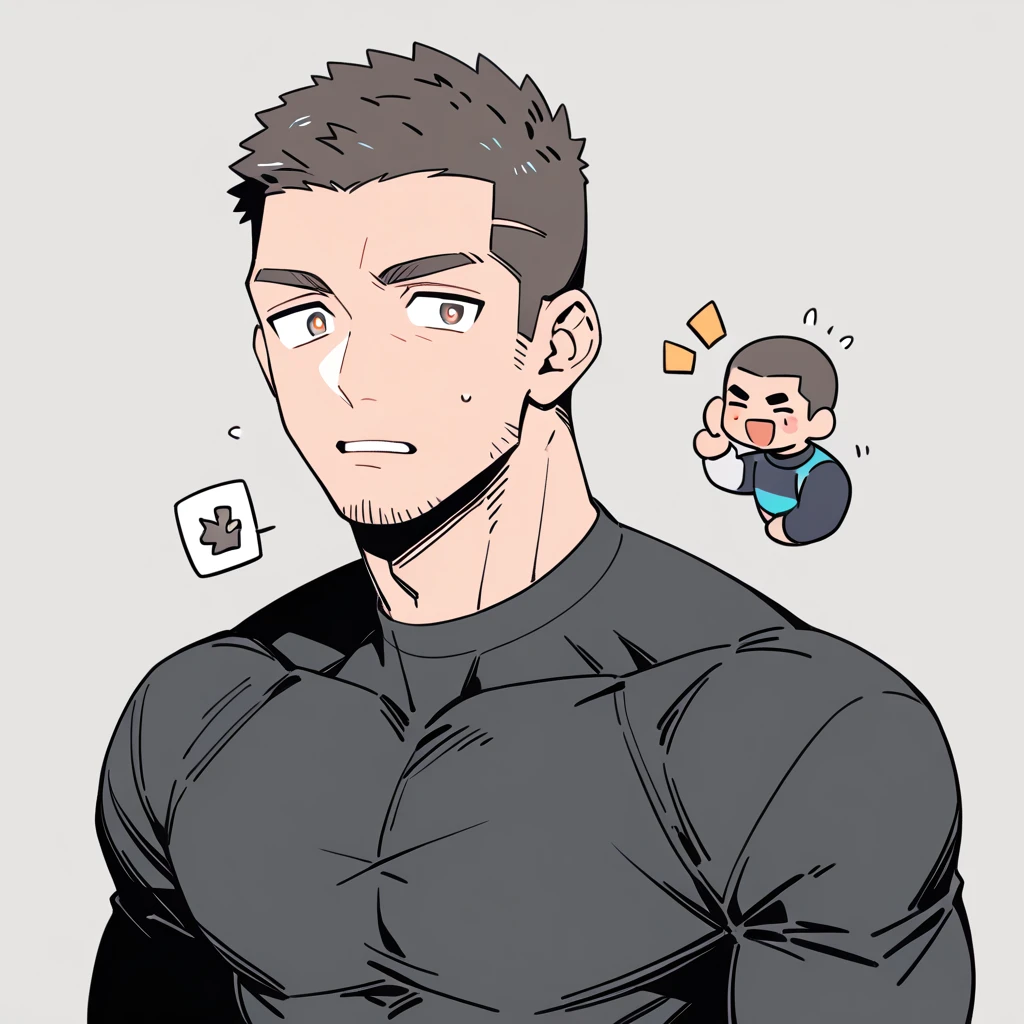 anime characters:Priapus, Muscle Sports Student, Buzz Cut, Manliness, male focus, Dark black high collar long sleeve tight T-shirt, Very tight, Round, full and perky chest muscles, muscular male, muscular, only, Upper body, alone, Black short hair, Thick eyebrows, stubble, Brown-red pupils, Grey background, simple background, amazing quality, best aesthetics, Ridiculous, crew cut, parted lips, flustered, endured face, best quality