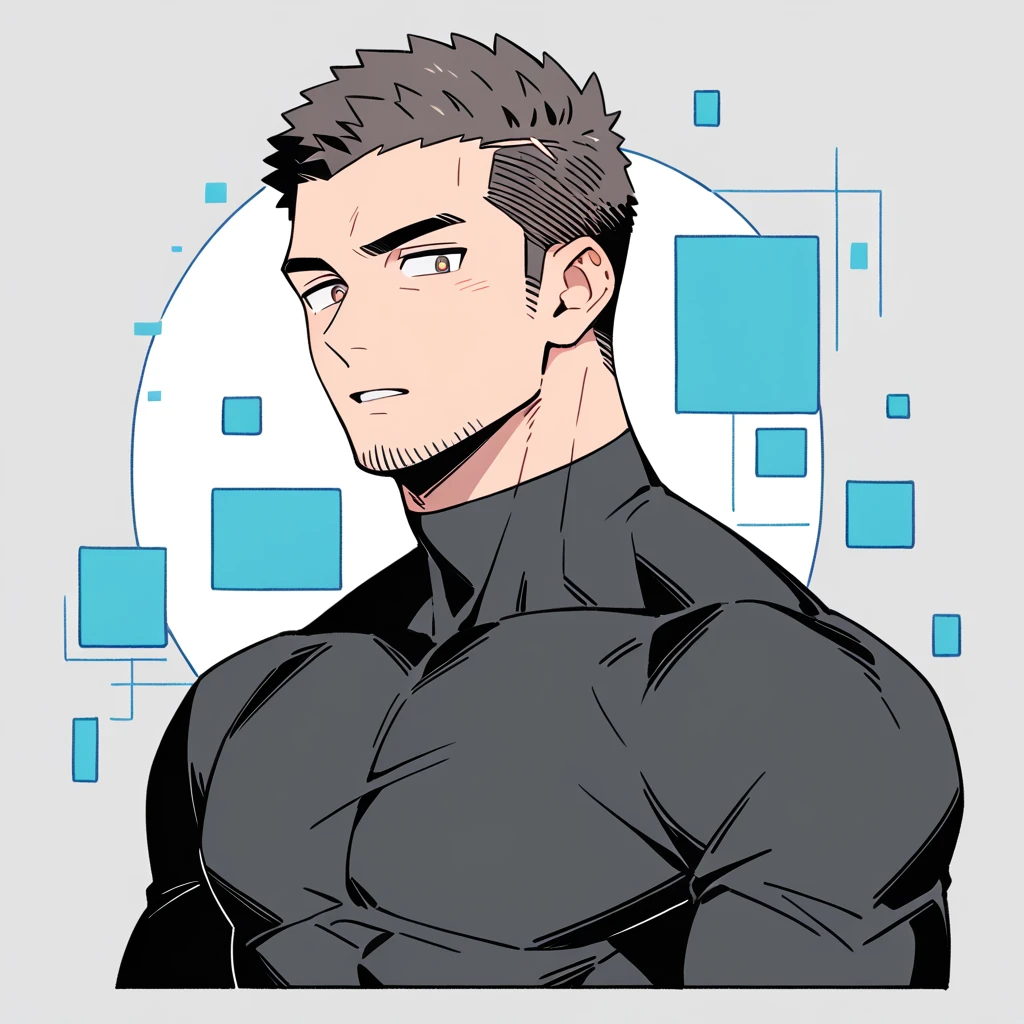 anime characters：Priapus, Muscle Sports Student, Buzz Cut, Manliness, male focus, Dark black high collar long sleeve tight T-shirt, Very tight, Round, full and perky chest muscles, muscular male, muscular, only, Upper body, alone, Black short hair, Thick eyebrows, stubble, Brown-red pupils, Grey background, simple background, amazing quality, best aesthetics, Ridiculous, crew cut, parted lips, flustered, endured face, best quality