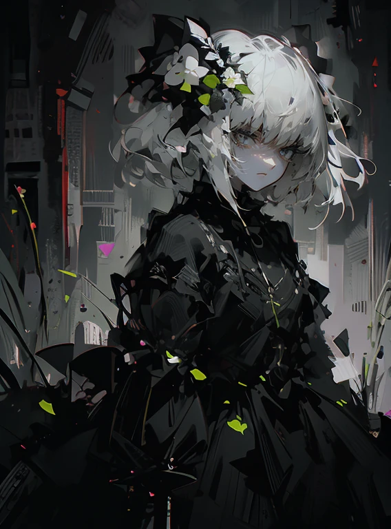 Grass background, flowers, girl, masterpiece 1.2, sadness, depressing, horror and fear, gray black dress, peach white hair 