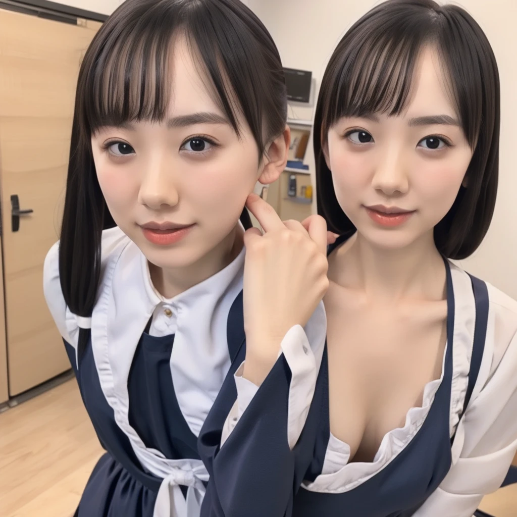 slender girl, (make up:1.1), (meido:1.2), small breasts, at school room, (upper body shot:1.1), cowboy shot