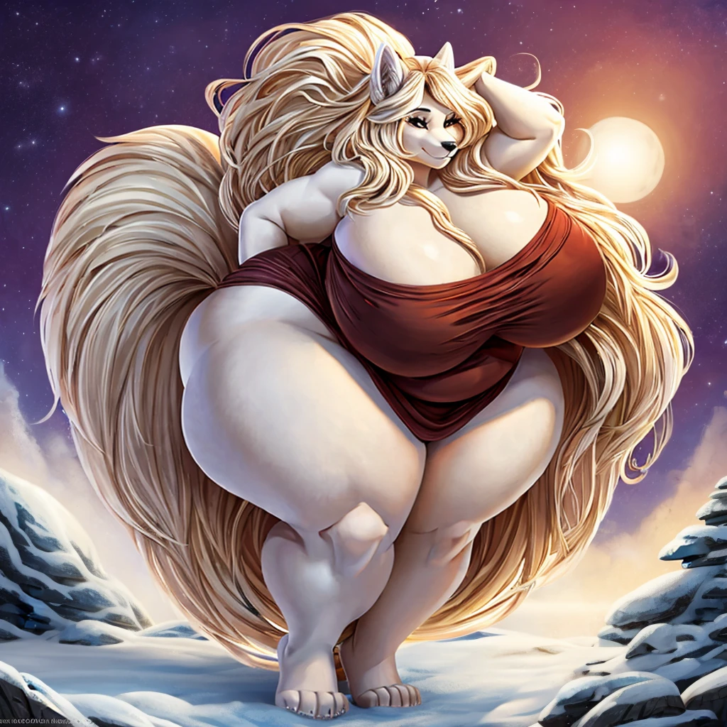 Arctic wolf, female, long hair, huge breasts, huge hips, huge thighs, plump, voluptuous, gorgeous, beautiful, eyelashes, cream hair, bushy hair,thick hair, morbidly obese, big bushy tail , partially clothed