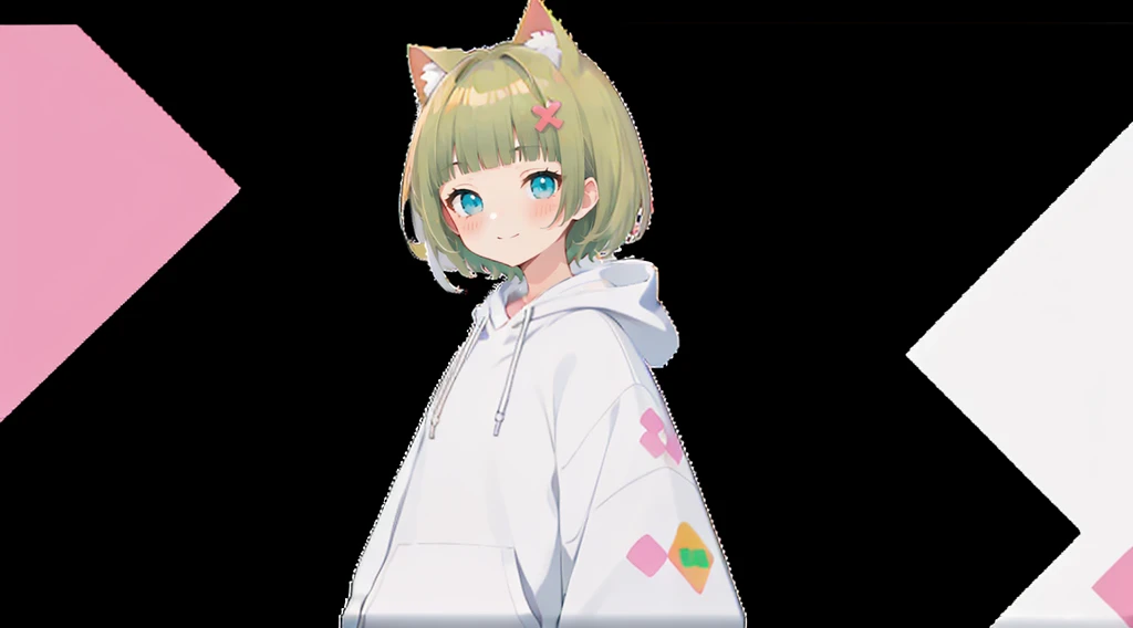 Pink hoodie、Flower Hair Ornaments、An unprecedented number of draws、Flower Hair Ornaments、Floral Hair Accessories、Blonde、Cat ear、Pink hoodie、high quality、Colorful color palette、high resolution、pretty girl、 Pink hoodie、An unprecedented number of draws、Anime Style、Geometric background、Sticker Style、short hair、Blonde、Turquoise Eyes, Messy Hair, Pink hoodie、髪と同じ色のCat ear、front, Hands posing, Until death, Bondage, Baggy clothes