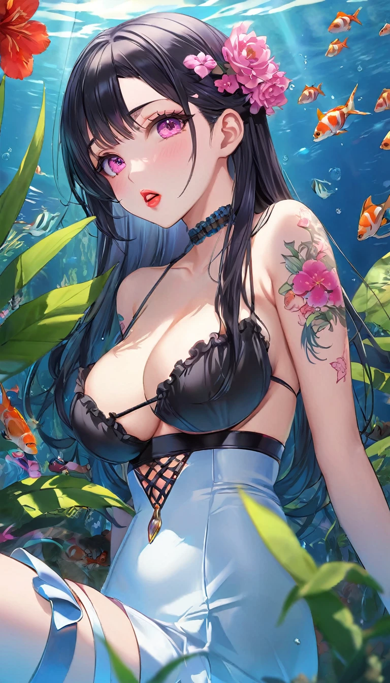 {{{{{16k, Camera angles close to face and tits}}}}}, {{{{{Her body and sex appeal are at their peak and she has an overwhelmingly seductive aura kneeling with her eyes upward drooling from the tip of her long slender tongue and lovingly caressing the penis in front of her with great skill, transforming a Japanese girl into her facial rank to the SSS rank of top-notch pretty actresses, She's in a cylindrical aquarium filled with female hormone fluid with a control panel that allows her to change the shape and appearance and personality of the girl inside at will, When the control panel under the aquarium was adjusted to a sexy beautiful big-breasted with tight cleavage slender underbusted personality girl her appearance changed to a cutely slut and gentle look, after being locked in a aquarium for four years and injected daily with beauty-enhancing hormones she grew into a girl that she had an lewd fetish for lips and necks and waistlines, The lush growing tits and waistline of a 16 year old ripen quickly when the control panel is moved to a 20 year old and we see her in her prime as a woman, her clearer nip line from underbust to hips, Her too-beautiful rounded tits wrapped in her separates frills pastel colored bikini, Her hair is replaced by a bang long glossy very Straight black hair, The growing body is reproduced with sex-loving, thick vivid lips, She transforms her into a cute once-in-a-millennium}}}}},{{Extremely detailed}},{{{{{integrated her head small, Enchanting Too thick and erotic deep pink lips, Her thickened lips shimmer with luster}}}}},{{{{{Her tattoos spread all over her body, She is tattooed with lewd flowers on her neck, arms, lower abdomen, thighs}}}}}