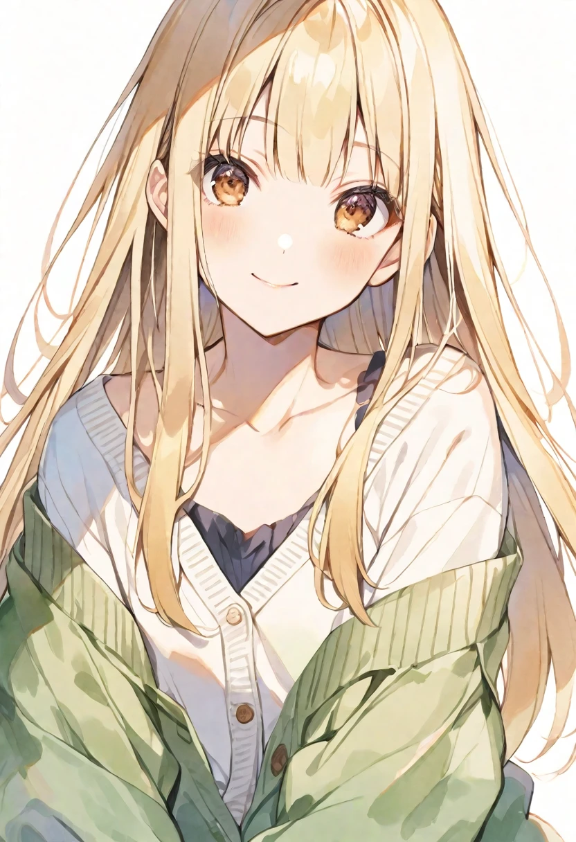solo, handsome, Watercolor ,
1. Female,
Straight hair, long hair,blonde Hair,brown eyes&Soft look , round face,
nakano nino,18 years old,
Off the shoulder,cardigan,skin,smile,sexly,Good,
White background