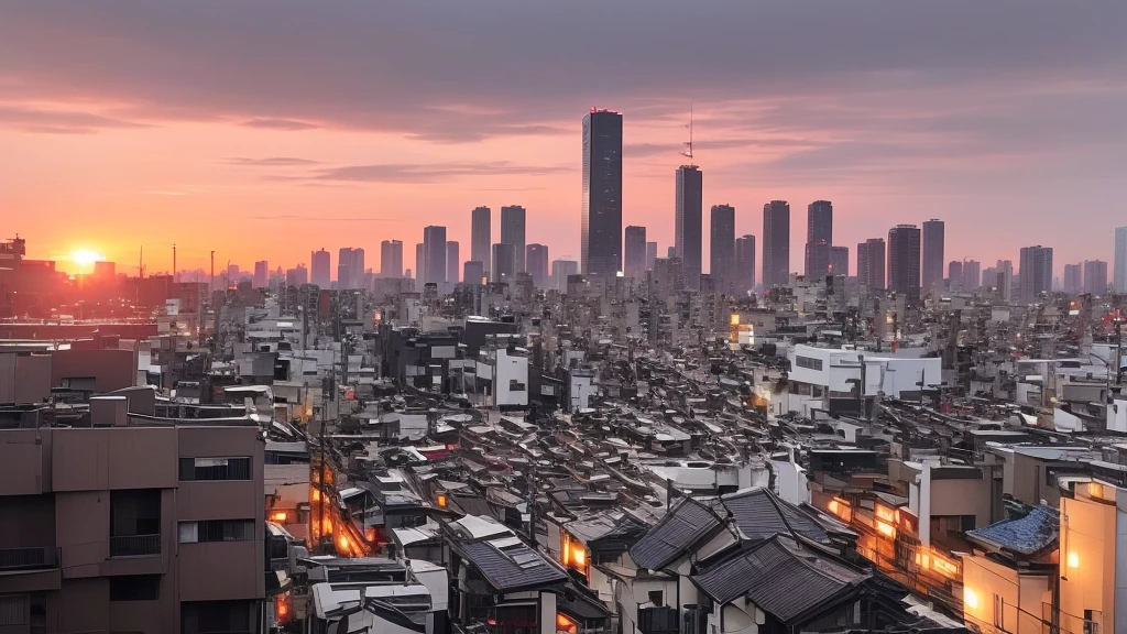 View of the city of Arrafe with many buildings and the sunset, Set on the rooftops of Tokyo, looming over a city, golden hour in tokyo, It&#39;s sunset,  Japanese cities, Downtown Japan, Tokyo in the background, A Tokyo-like town,  Futuristic Tokyo in the background