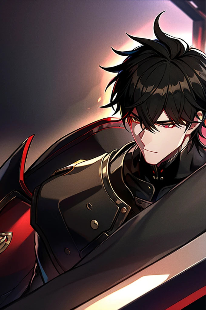 Man with black hair, dark eyes and black armor with red details with a black rose. With the face of a handsome man (detailed in Full HD 4K) 