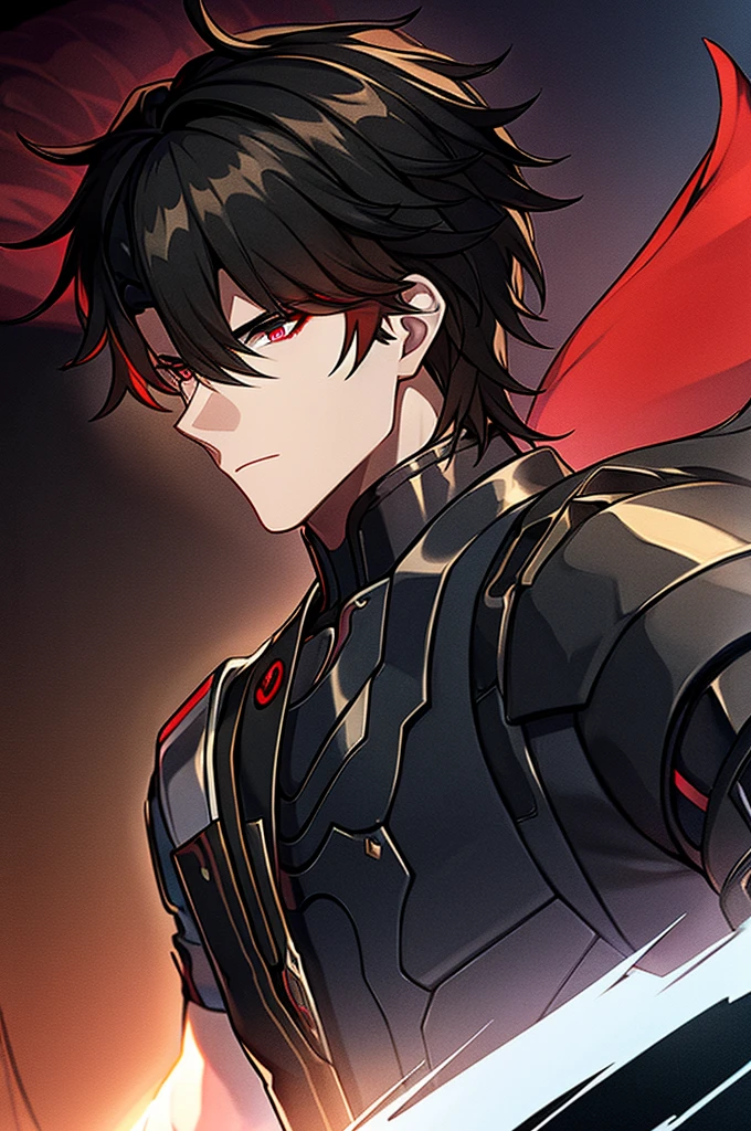 Man with black hair, dark eyes and black armor with red details with a black rose. With the face of a handsome man (detailed in Full HD 4K) 