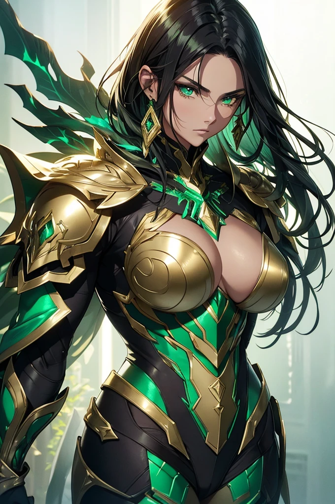 NSFW armor with a greenish-silver glow and gold accents reminiscent of nature, black hair, in gentle waves over your shoulders. Your carved face, with delicate features and a defined jawline and expressive green eyes