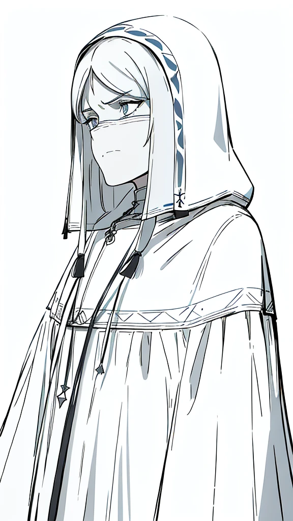 1old woman,(((solo))),mature female,70 years old,,(white background,line drawing),long hair,white hair,angry,Cover upper face by veil hood,cowboy shot