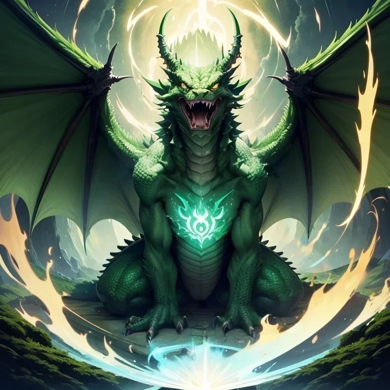 2D cartoon illustration, Disney style 2D illustration, thin green dragon, angry face, sitting on all fours on nest, (tail, huge wings, aura around dragon), forest background