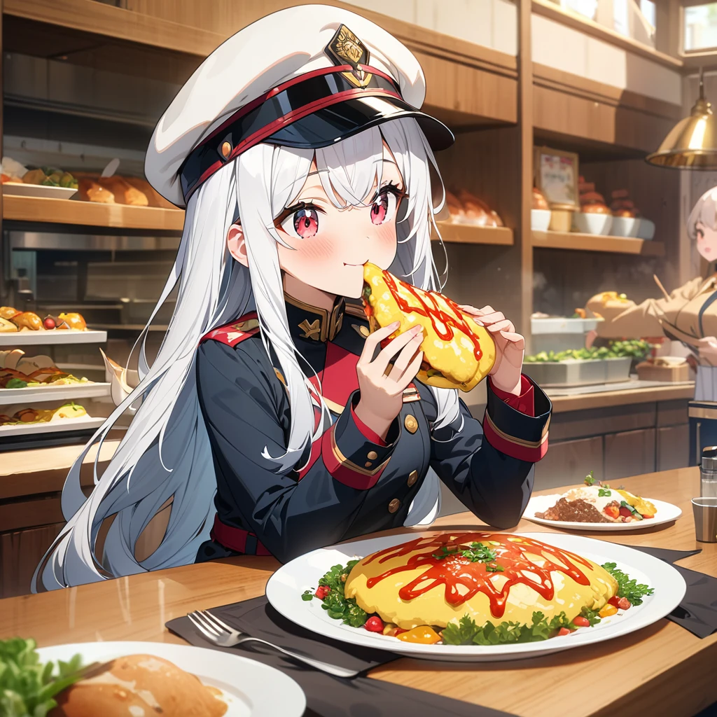 (masterpiece:1.5), highest quality, super detailed, very detailed, exquisite, 16k, full HD, very aesthetic, absurdres, 1girl, white hair, long hair, anime, eating, hat, uniform, red eyes, smile, blush, indoors, detailed background, food, omelette