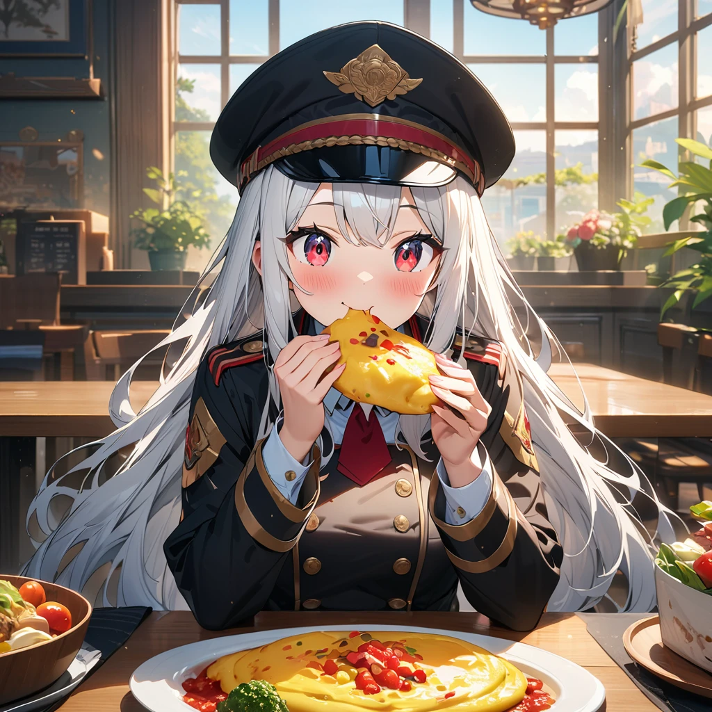 (masterpiece:1.5), highest quality, super detailed, very detailed, exquisite, 16k, full HD, very aesthetic, absurdres, 1girl, white hair, long hair, anime, eating, hat, uniform, red eyes, smile, blush, indoors, detailed background, food, omelette