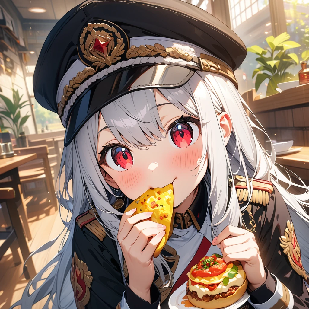(masterpiece:1.5), highest quality, super detailed, very detailed, exquisite, 16k, full HD, very aesthetic, absurdres, 1girl, white hair, long hair, anime, eating, hat, uniform, red eyes, smile, blush, indoors, detailed background, food, omelette