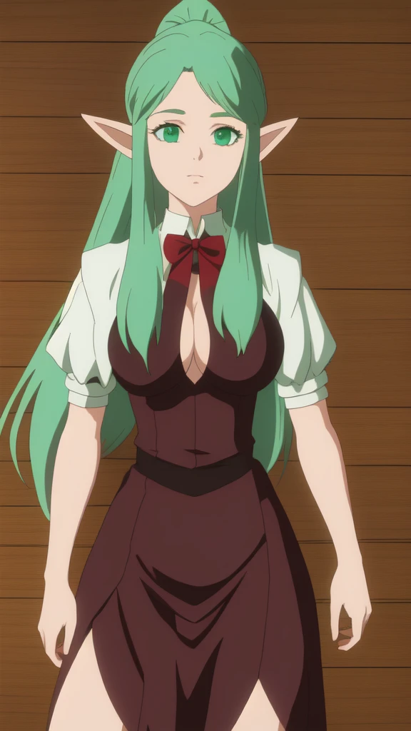 (masterpiece, high quality, High detail, 4K, RTTX 10.0, High resolution:1.2)、(最high quality:1.2, Very detailed, Anime Style, Digital Painting, Studio Anime, 超High resolution, High Contrast, masterpiece:1.2, 最high quality, Best aesthetics), 1 female, Long Hair, ponytail,Elf、Big Breasts、L Cup、Oppa、anime screencap,anime screenshot,high school student、Green Hair、Maid
