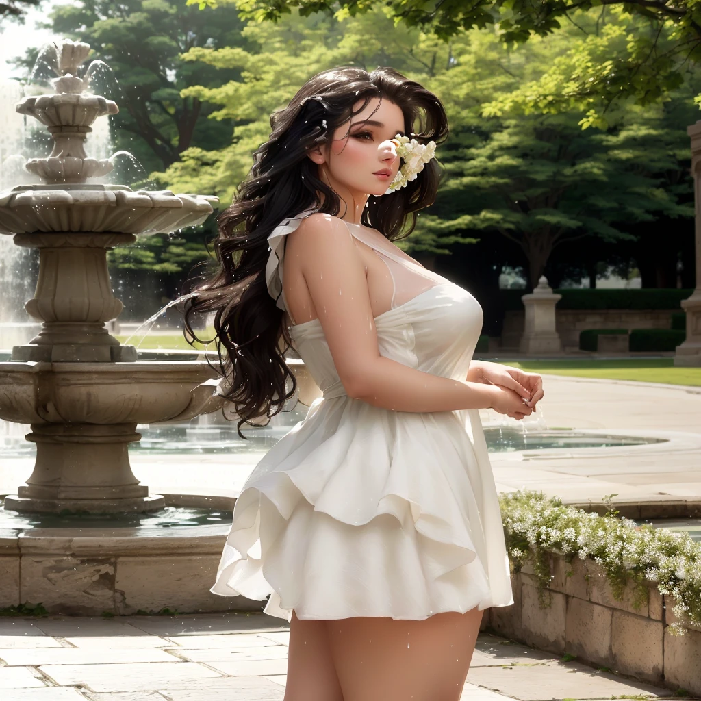 araffe woman in a white gown standing in front of a fountain, wearing a wet white short dress, flowing dress, wearing a stunning ivory dress, a beautiful woman in white, flowing white gown, wearing white gown, wearing a white flowing dress, Bullish, slim, beautiful goddess, young man with long dark hair, wearing a cute white gown, white gown