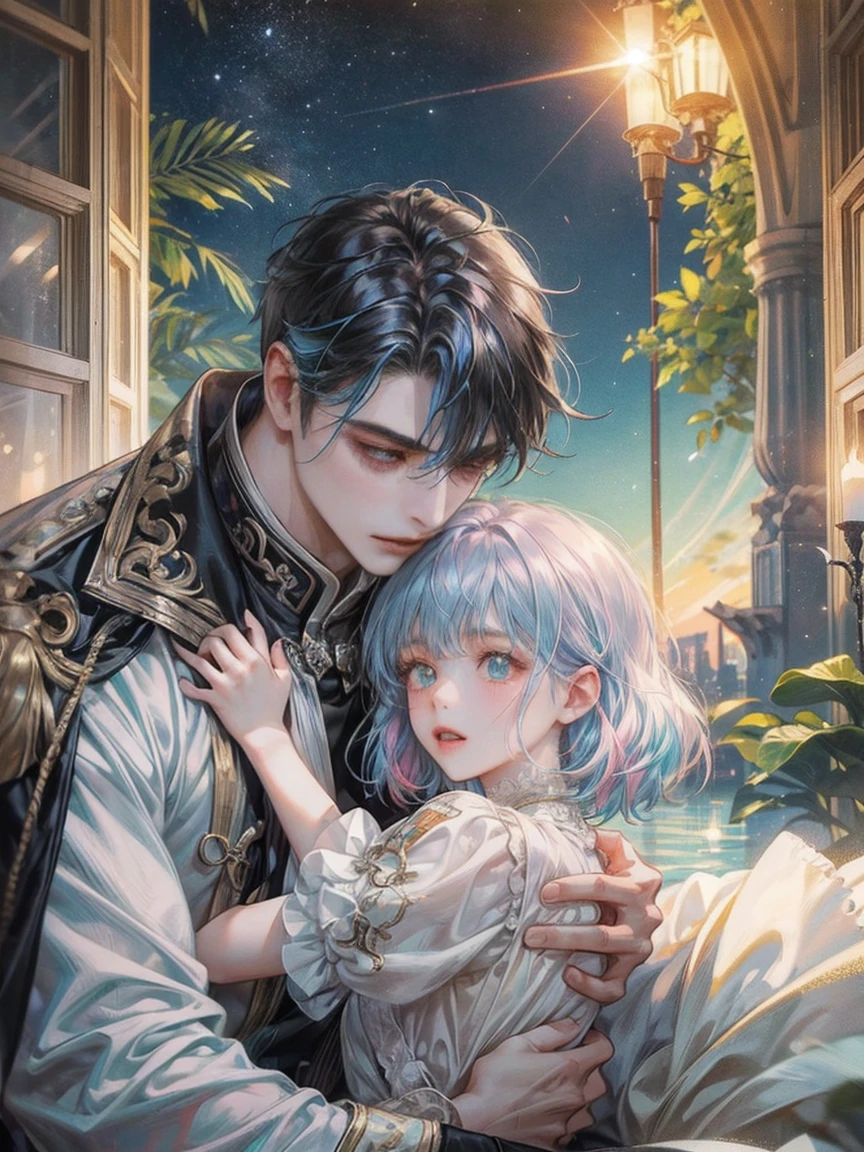 EbonyGoldAIのmasterpiece, 最high quality, high quality, High resolution, (((Beautifully detailed skies))),, growing upな(growing up, wonderful), vision(View), wonderful光景, High resolution, ((Best Shadow)), Night Sky, moonlight, ((Very detailedな)), (Best illustrations), ((Very delicate and beautiful)), Dynamic Angle,high qualityの画像品質, quiet, far_Away{{masterpiece}}, 最high quality, Very detailedな CG ユニティ 8k 壁紙, Cinema Lighting, Lens flare, Beautiful details in the eyes, black, Glancing sideways, Multicolored Hair, colorful light, particle, Heterochromia iridis, (colorful:1.5), (colorful hair:1.5),{{masterpiece}}, 最high quality, Very detailedな CG ユニティ 8k 壁紙, Cinema Lighting, Lens flare, Beautiful details in the eyes, black, Glancing sideways, Multicolored Hair, colorful light, particle, Heterochromia iridis, (colorful:1.5), (colorful hair:1.5),masterpiece, 最high quality, Official Art, 8k wallpaper, Very detailed, Very delicate and beautiful, wonderful, In detail, masterpiece, Very detailedな, High resolution,Best illustrations, Best Shadow,Complex,Sharp focus, high quality, A young father holds his little twins, a boy and a girl, tightly and warmly in his arms、Depict a scene filled with love and security.。My father is on his way home from work..、Children are innocent and carefree。background, A clear blue sky spreads out.、Italy in Summer、View of a stylish modern mansion in Venice。Bright sunlight illuminates the house and sparkling sea.。 In fact, this３０The father of this generation is the former Constantine.１thisが世界だ.、Male and female twins、Formerly known as Crispus and Fausta。The whole scene、atonement、forgiveness、healing、refined、And the theme of repairing relationships was emphasized..、It expresses the moment when family love and bonds deepen..