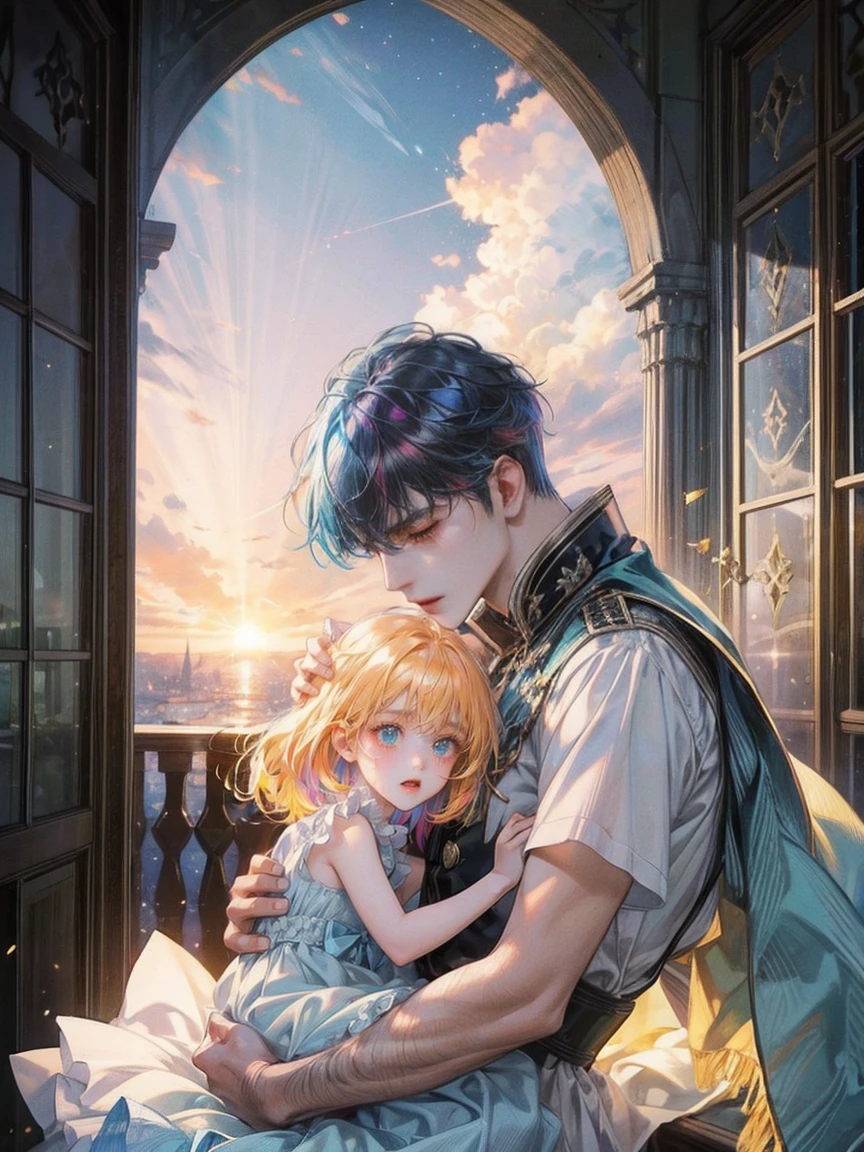 EbonyGoldAIのmasterpiece, 最high quality, high quality, High resolution, (((Beautifully detailed skies))),, growing upな(growing up, wonderful), vision(View), wonderful光景, High resolution, ((Best Shadow)), Night Sky, moonlight, ((Very detailedな)), (Best illustrations), ((Very delicate and beautiful)), Dynamic Angle,high qualityの画像品質, quiet, far_Away{{masterpiece}}, 最high quality, Very detailedな CG ユニティ 8k 壁紙, Cinema Lighting, Lens flare, Beautiful details in the eyes, black, Glancing sideways, Multicolored Hair, colorful light, particle, Heterochromia iridis, (colorful:1.5), (colorful hair:1.5),{{masterpiece}}, 最high quality, Very detailedな CG ユニティ 8k 壁紙, Cinema Lighting, Lens flare, Beautiful details in the eyes, black, Glancing sideways, Multicolored Hair, colorful light, particle, Heterochromia iridis, (colorful:1.5), (colorful hair:1.5),masterpiece, 最high quality, Official Art, 8k wallpaper, Very detailed, Very delicate and beautiful, wonderful, In detail, masterpiece, Very detailedな, High resolution,Best illustrations, Best Shadow,Complex,Sharp focus, high quality, A young father holds his little twins, a boy and a girl, tightly and warmly in his arms、Depict a scene filled with love and security.。My father is on his way home from work..、Children are innocent and carefree。background, A clear blue sky spreads out.、Italy in Summer、View of a stylish modern mansion in Venice。Bright sunlight illuminates the house and sparkling sea.。 In fact, this30The father of this generation is the former Constantine.1thisが世界だ.、Male and female twins、Formerly known as Crispus and Fausta。The whole scene、atonement、forgiveness、healing、refined、And the theme of repairing relationships was emphasized..、It expresses the moment when family love and bonds deepen..