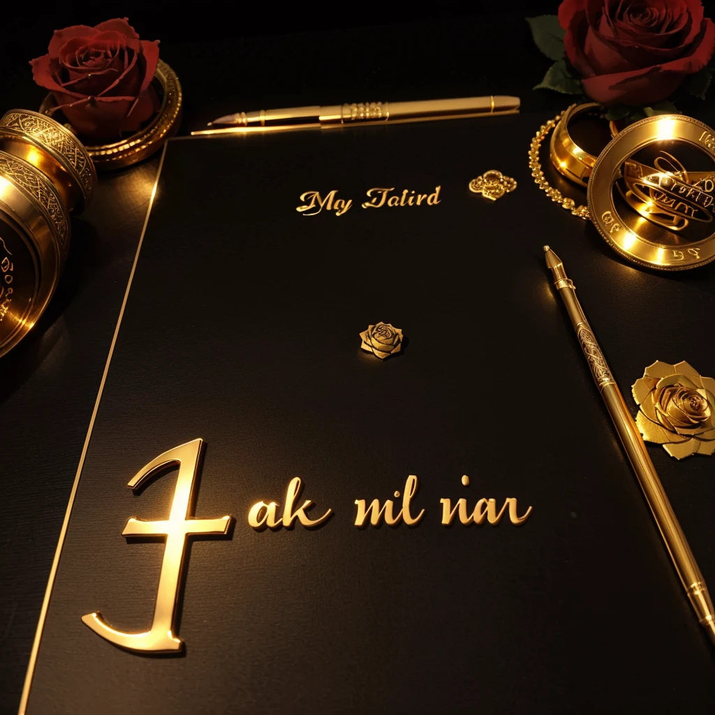 3d On top of a black diary Md Islam uddin name is written in golden color bold letters,there is a red rose on the pass and some sign pens around it,black background,realistic