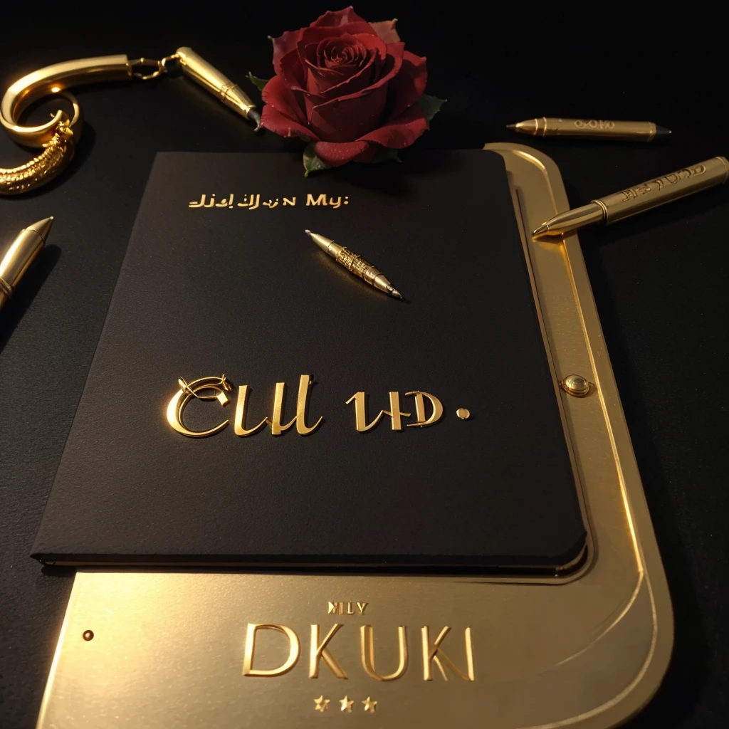 3d On top of a black diary Md Islam uddin  name is written in golden color bold letters,there is a red rose on the pass and some sign pens around it,black background,realistic