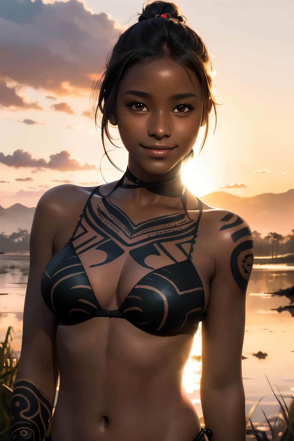 best quality, masterpiece, (realistic:1.2), 1girl, solo, (silhouette lighting:1.2), smiling, (tribal tattooed:1.1), (dark skin:1.4), tribal style bikini, medium breast, (savanna:1.4), sunset glow, dusk, clouds