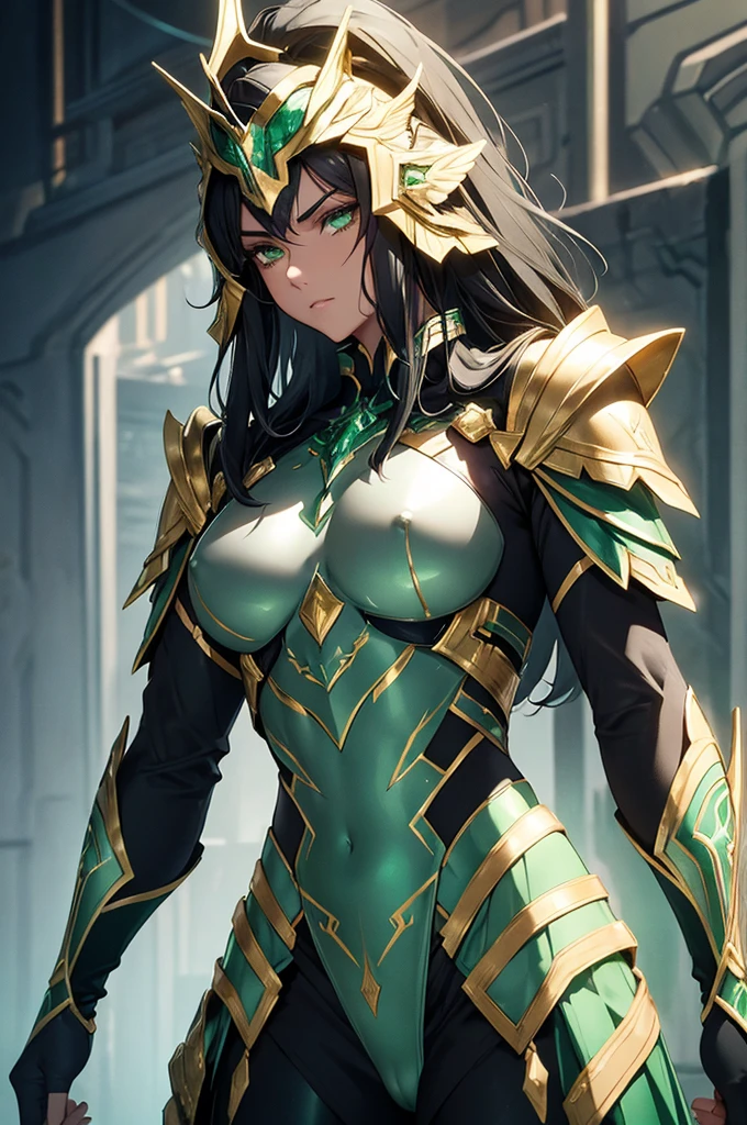 NSFW armor with a greenish-silver glow and gold accents reminiscent of nature, black hair, in gentle waves over your shoulders. Your carved face, with delicate features and a defined jawline and expressive green eyes