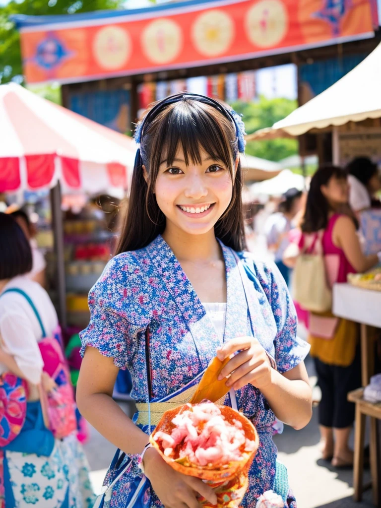 Super cute Japanese girl、Wearing a yukata in front of a summer festival food stall、Eating cotton candy、smile