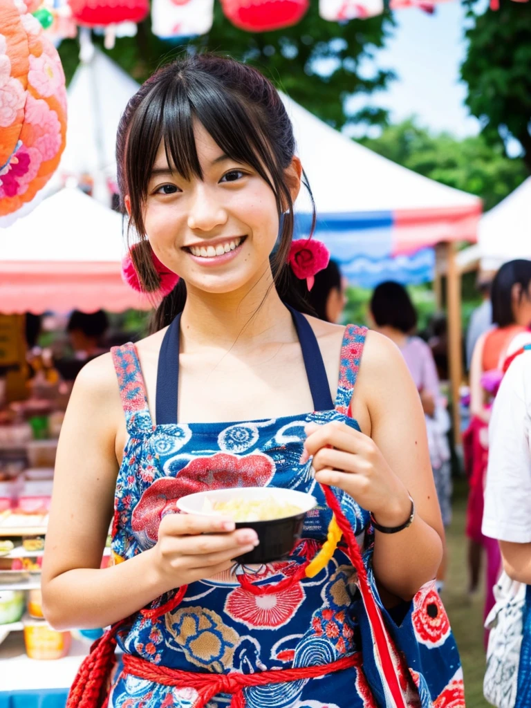 Super cute Japanese girl、Wearing a yukata in front of a summer festival food stall、Eating cotton candy、smile