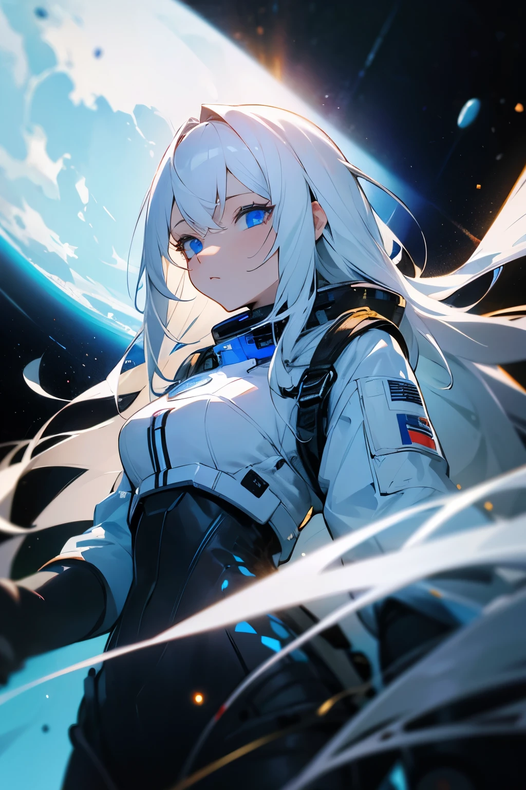 Woman with ,golden white hair,Blue eyes,,,black spacesuit