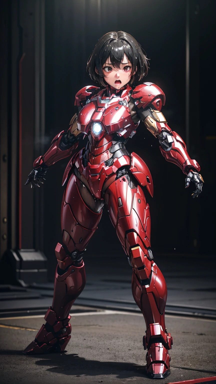 Female Iron Man(Red and Black)、shine、Shortcuts、Textured skin, Super detailed, Attention to detail, high quality, 最high quality, High resolution, 1080P, hard disk, beautiful,(Gundam),beautifulサイボーグ女性,Mecha Cyborg Girl,Battle Mode,Woman with a mechanical body,Full Body Shot、、Expression of bitterness、Sweaty face、、Squint your eyes、、humid、Soaking wet、、Steam coming out of the head、Spread your legs、Embarrassed face、Open your mouth、Hold your face　Black-haired　Short-haired　Soaking wet　Action pose