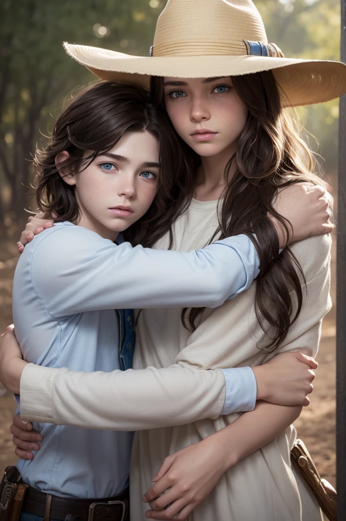 Create a realistic art of the boy Carl Grimes with blue eyes with a bandage covering one of his eyes, wearing his sheriff hat, Youngh, light white skin hugging a light skinned girl, brown eyes and brown wavy hair