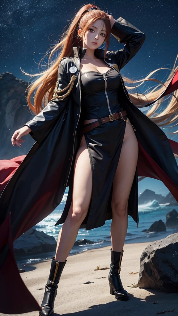 Yamato character from one piece manga, high details, pretty face, beauty face, full body, cool pose, dark background.