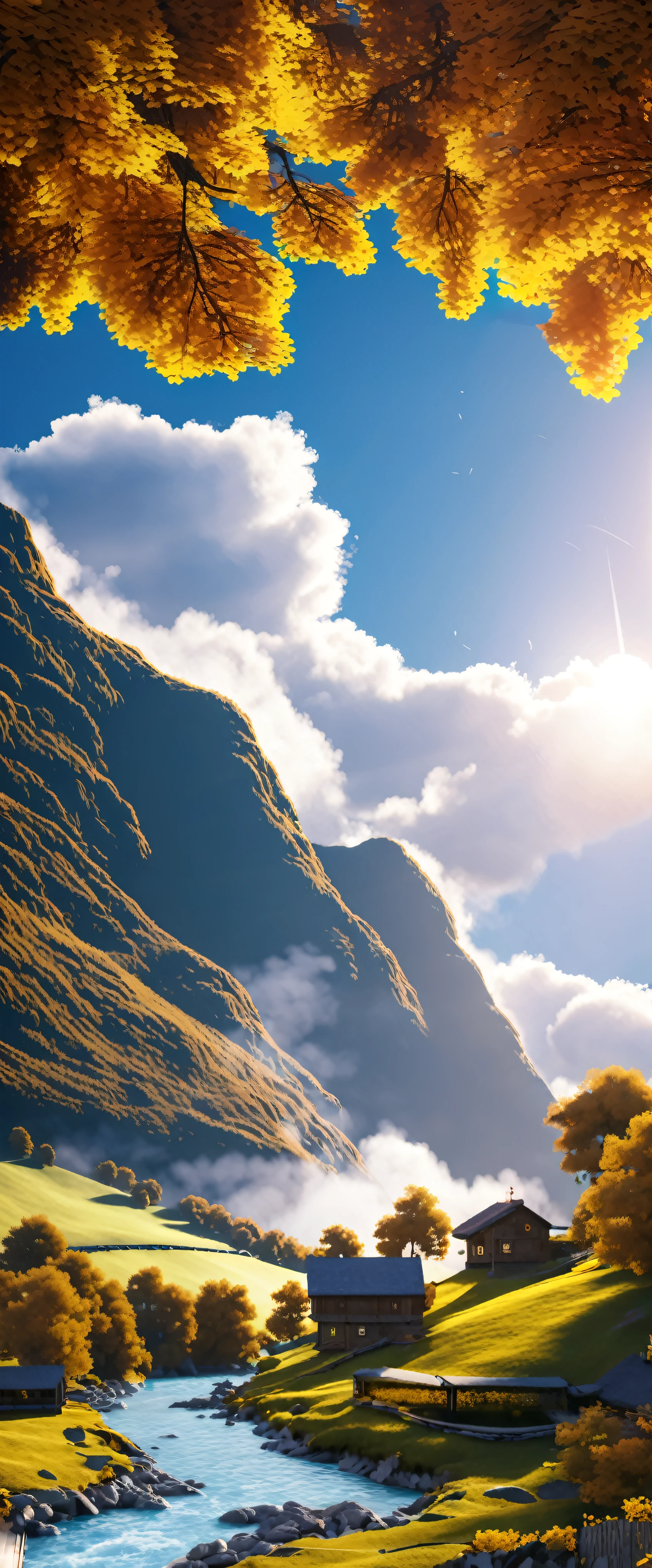 (Magical pretty sky blue stream overlay scene)、(zero)、(cloud)、Soft lighting、Clean background、美しいzeroの風景、masterpiece、high quality、Beautiful graphics、Rugged Mountain々A small fishing village can be seen at a low angle below.、artstation、Sharp Focus、Inspirational 8k wallpapers、Contrast of sea and mountains。A magnificent and mysterious view from above