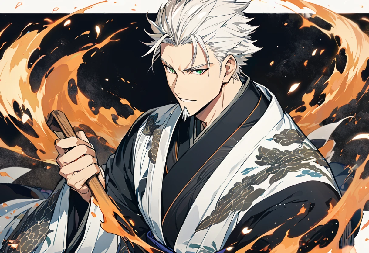 ung boy, male focus, details Intricate, 1 men, bonitas, White hair, vibrant green eyes, slim muscles, アニメ, 19yearsold, 19 years, a small goatee, kimono de Shinigami, Shinigami, bleach style, bleach, regatta, kimono, bleach, bleach style(black clothing colors, kimono black).
