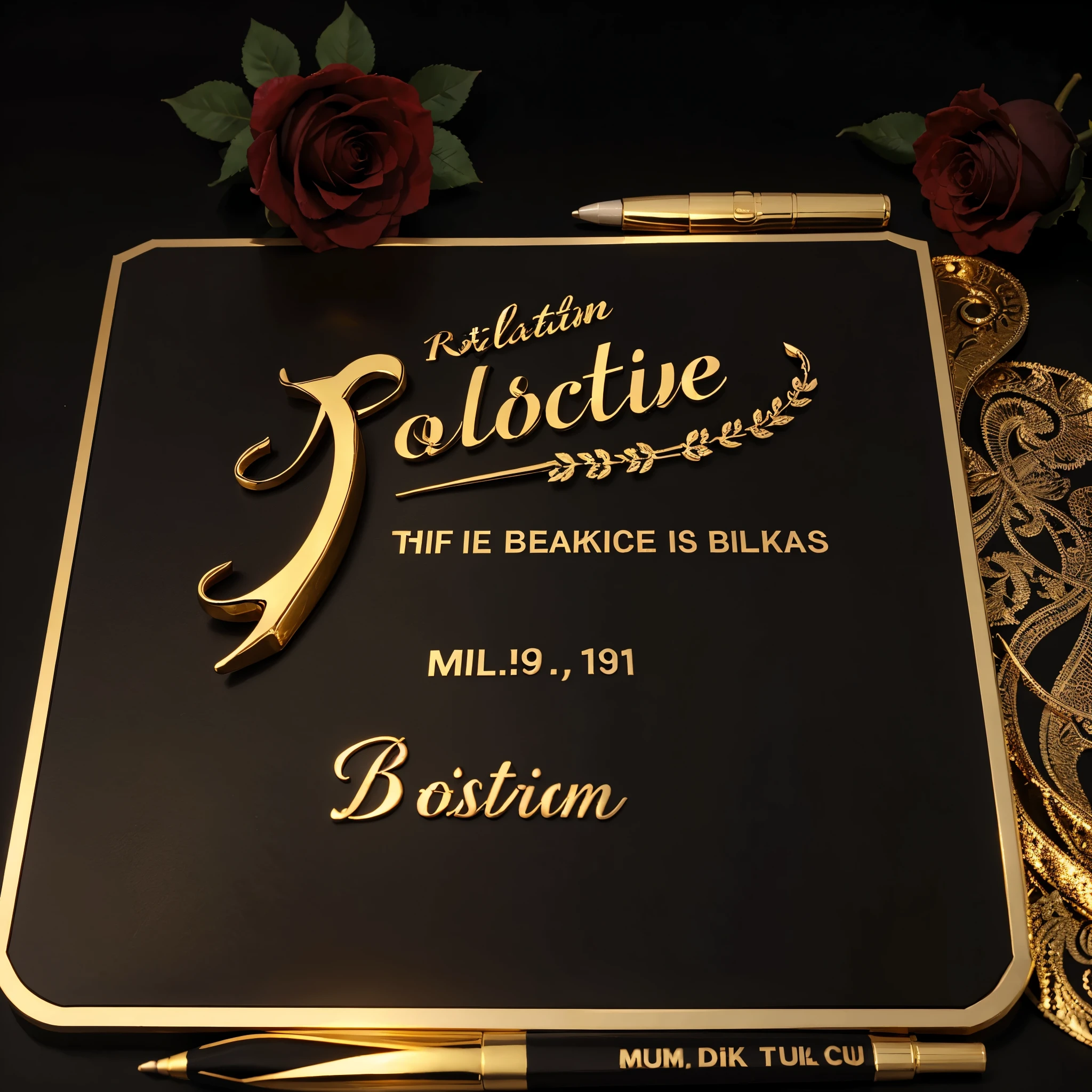 3d On top of a black diary Md Islam uddin name is written in golden color bold letters,there is a red rose on the pass and some sign pens around it,black background,realistic