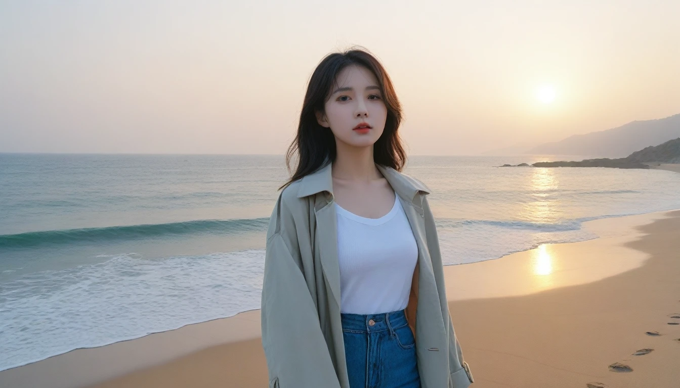 8K, Vivid picture quality, The picture quality is vivid, Realistic and perfect picture quality, long deserted beach, sunset 뷰어, short hair that touches the shoulders and covers the neck, sunset의 붉은 빛, sunset, alone, afternoon, depressed, tide가 밀려온다, ocean, tide, wind, strong red light. 잔잔한 tide, short korean girl, thick shirt, jeans, light trench coat, Canon Camera 16-35 Wide Angle Lens, full body shot